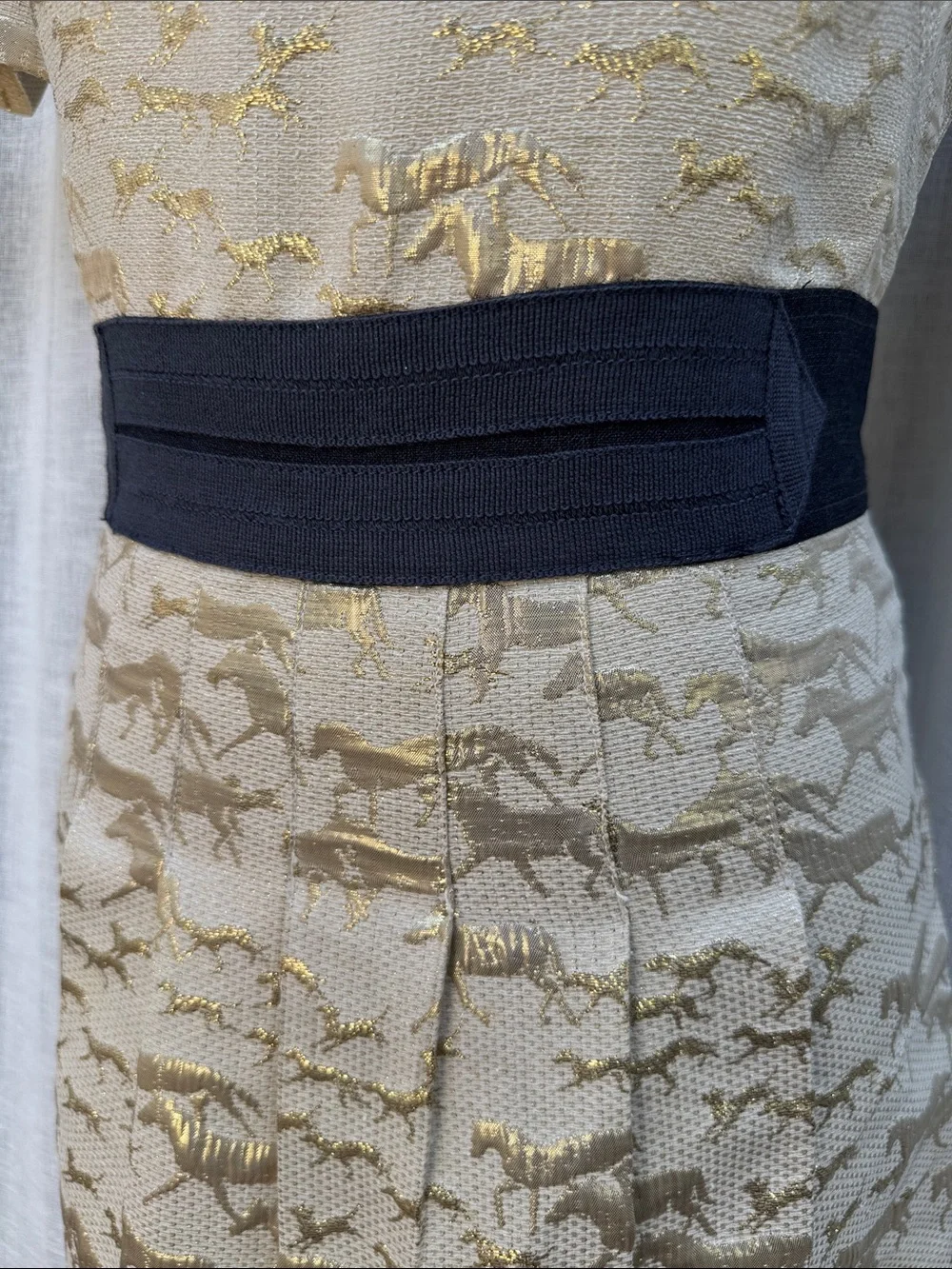 Tory Burch Mini Horses silk gold metallic jacquard dress with black ribbon belt